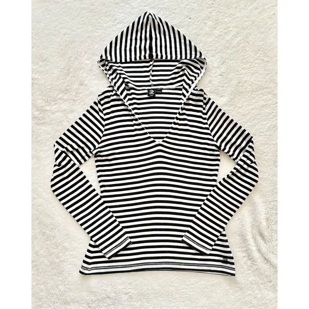 Black and white striped Adidas V-neck sweatshirt size small with hood 